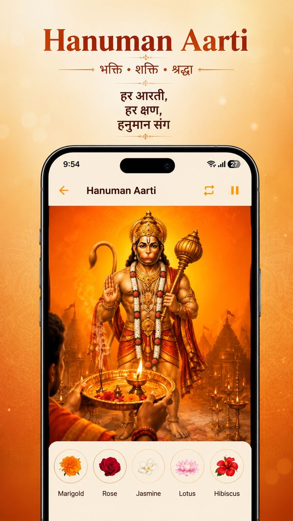 Hanuman Aarti virtual puja screen with flower offering